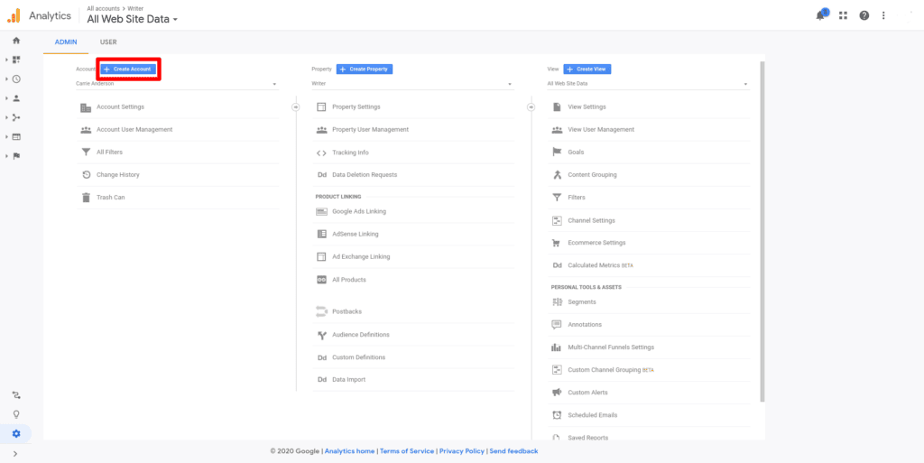 admin panel of google analytics