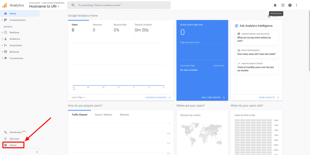 screenshot showing the admin button on google analytics